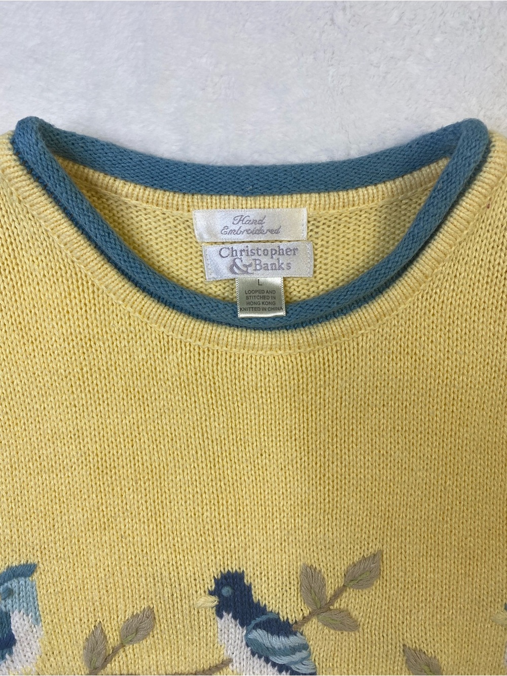 Vintage Christopher & Banks Pale Yellow Knit Sweater with Blue Trim - Picture 2 of 9